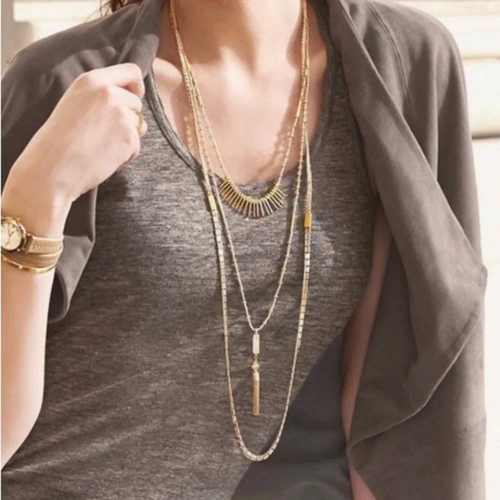 Stella and Dot Riad 7-in-1 or 3-in-1 layered rose quartz tassel Necklace EUC - Picture 2 of 10